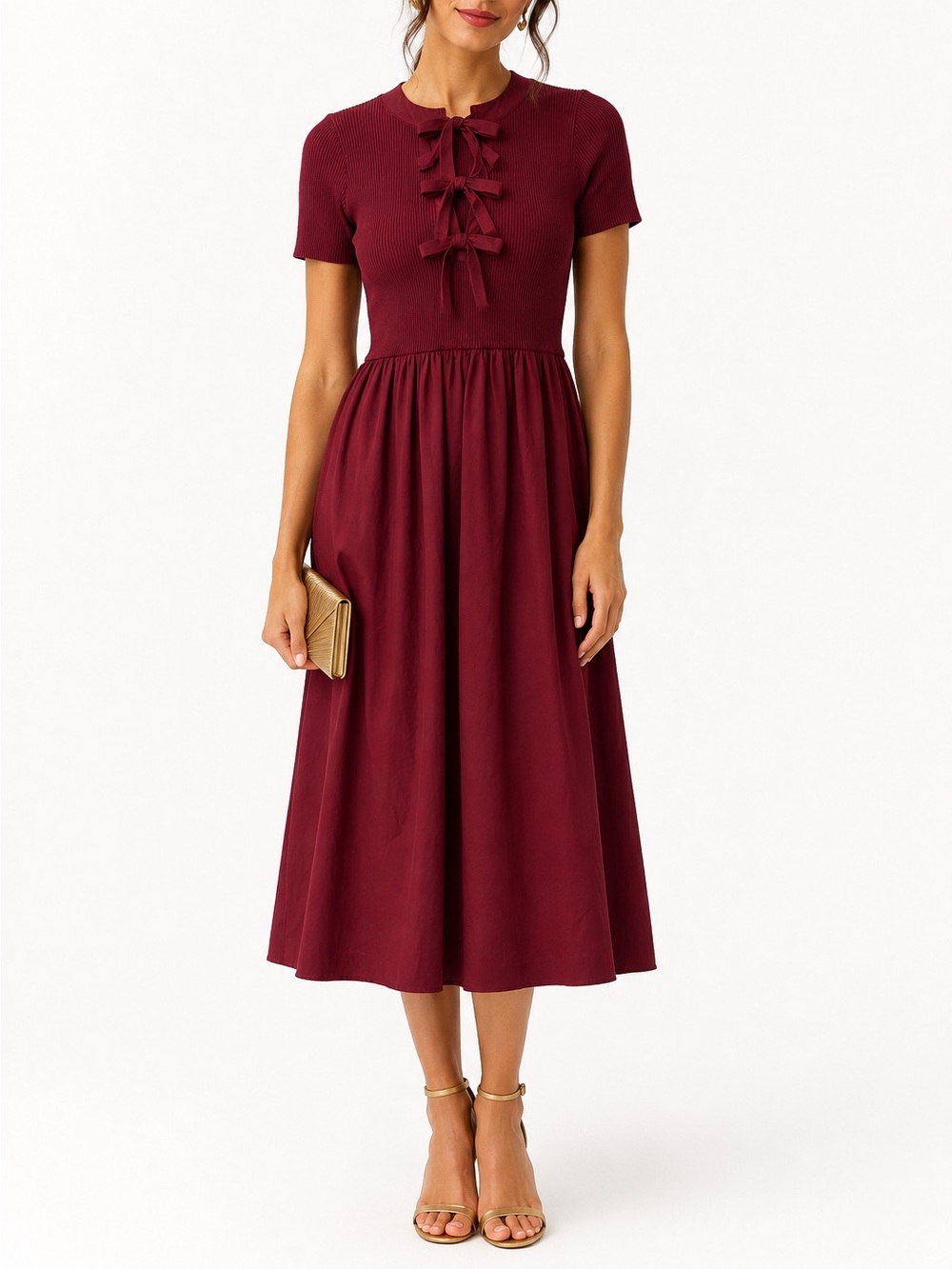 Moon River Burgundy Midi Dress Bow-Tie Front Merlot L wedding guest party ribbed